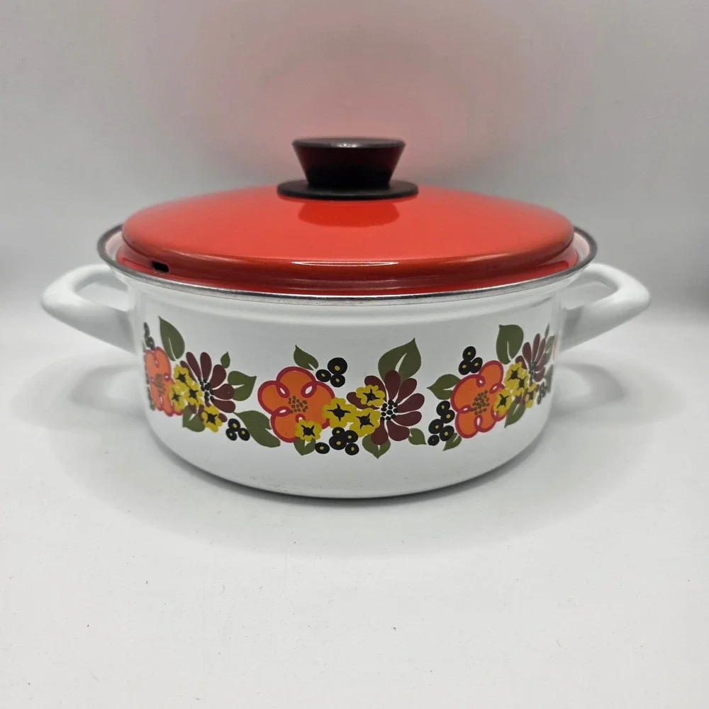 Austria Email Casserole Pot Vintage White Orange Floral Enamelware MCM Cookware